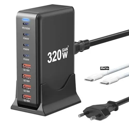 Produktbild: USB C Ladegerät Mehrfach: 320W 8 Anschlüsse GaN III Ladestation, USB-C PD Desktop Ladegerät mit Schnell-Laden, kompatibel mit iPhone, Samsung, MacBook,Dell,SteamDeck und mehr