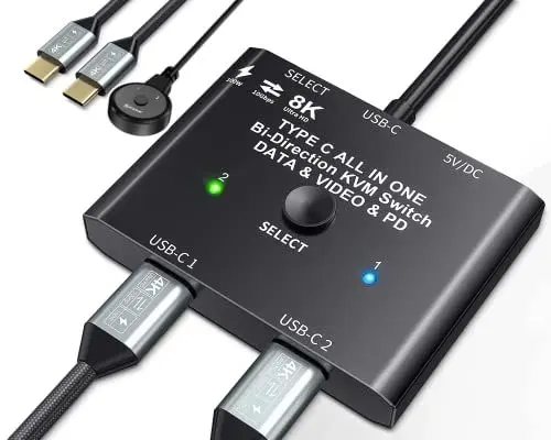 Produktbild: MLEEDA Bidirektionaler USB-C Switcher 2 PC, Type C KVM Switch 8K@60Hz 4K@120Hz Video/10Gbps Datenübertragung/100W Aufladen, 2 C-Kabel Inklusive