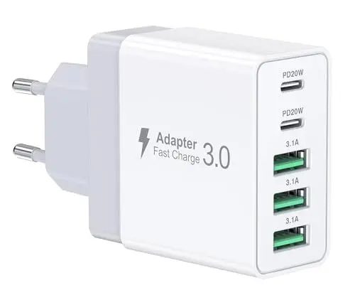 Produktbild: USB C Wandladegerät 50W Schnellladegerät 5 Port USB C Stecker mit Mehreren PD20W und QC3.0 Mehrloch Ladestecker USB C Ladeadapter für iPhone 16 15 14 13 12 11 Pro Max Plus XR XS 8, iPad, Samsung