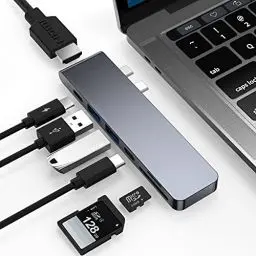 Produktbild: USB C hub, 7 in 2 Dual Type C Adapter für MacBook, mit 4K@30Hz HDMI, Thunderbolt 3, USB C, 2 USB 3.0, Micro SD/SD, USB C Adapter für MacBook Pro/Air M1/M2 2023-2019, MacBook Pro/Air 2023-2019
