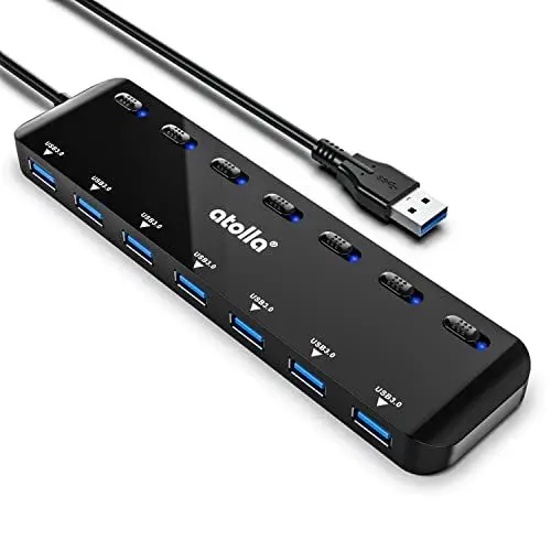 Produktbild: USB HUB, atolla USB Verteiler mit 7 USB3.0 Ports, Mehrfach USB 3.0 Daten Hub mit 100cm Erweitert Kabel und Individuellen LED EIN/Aus-Tasten für Laptop PC