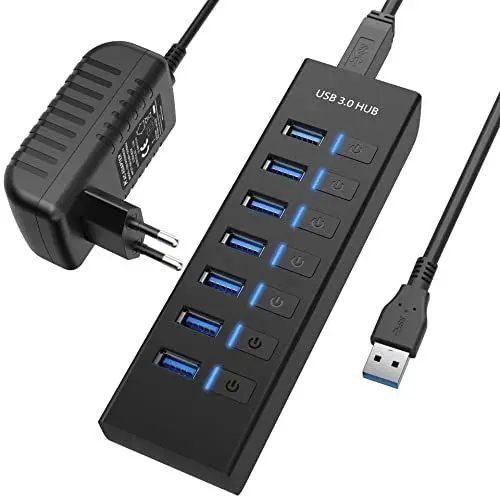 Produktbild: USB Hub Aktiv 3.0 mit Netzteil, JESWO 7 Ports USB 3.0 Hub aktiver Datenhub mit 15W(5V/3A) Netzteil Adapter, 100cm Abnehmbar Kabel, USB Verteiler mit LED Separater Schalter