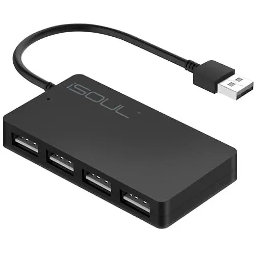 Produktbild: USB Hub, Ultra Slim Extra Leicht 4 Port USB 2.0 Hub, iSOUL Datenhub für MacBook, MacBook Air/Pro/Mini, iMac, MacPro, Windows Laptops und Ultrabooks, sowie PCs und mehr (Schwarz)