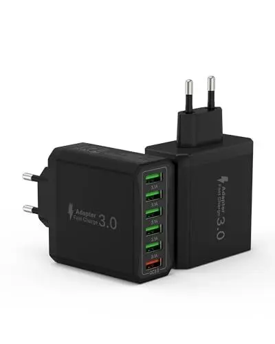 Produktbild: USB Ladegerät 2er-Pack, 6-Ports Schnellladegerät Mehrfach 33W USB Netzteil mit QC 3.0 und USB 3.1A, USB Ladeadapter Ladestecker für iPhone 16 15 14 13 12 11 Pro Max SE XR XS, iPad Pro, Samsung, Handy