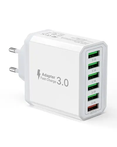 Produktbild: USB Ladegerät, 6-Ports Ladeadapter 33W Adapter Ladestecker mit QC 3.0 Schnellladegerät Mehrfach, USB Stecker Netzteil für iPhone 16 15 14 13 12 11 Pro Max, iPad, Handy Steckdose Charger Netzstecker