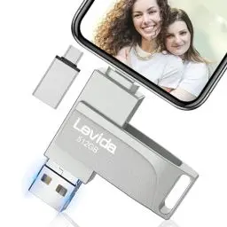 Produktbild: USB Stick 512GB für Phone,Levida Speicherstick,Photostick,Externer Speicher 4 in 1,Fotostick 3.0,Flash Drive für Handy,iOS,Android,Pad,Laptop,Pc(Mobile Memory,Automatic Photo Backup),Hellsilber