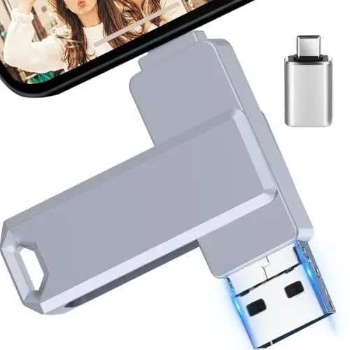 Produktbild: USB Stick 64gb 3-in-1 mit USB-C Adapter für Phone, Android, Tablet, PC und Laptop, Externer Speicherstick– Effizientes Backup von Fotos und Daten, Unterstützt iOS und Android,(Grau)