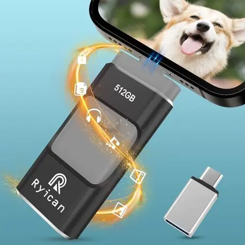 Produktbild: USB Stick für Phone Ryican 512GB Speicherstick für iOS Passwortgeschützte Dateien 4 in 1 USB 3.0 Photostick Pendrive USB C für OTG Android/Laptop/PC/Pad,Daten Kopierten Mit Einem klick(512G,Schwarz)