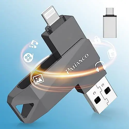 Produktbild: USB Stick für iPhone 512GB,Patianco(MFI Zertifizierter) Speicherstick Externer Speichererweiterung für iOS,USB 3.0 Pendrive 3 in 1 Flash Laufwerk für Android Handy/Laptop/PC/Mac/iPad(512gb,Schwarz)