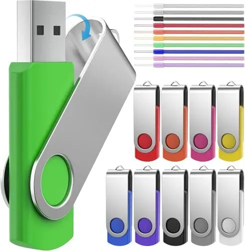 Produktbild: FEBNISCTE USB Sticks 16GB - Bunt USB Stick Rotate Metall 10 Stück, Einklappbarer Memory Stick 16 Gigabyte 10er, Tragbar Flash Drive für Filme/Auto/Computer, Pendrive Flash Laufwerk mit Lanyard
