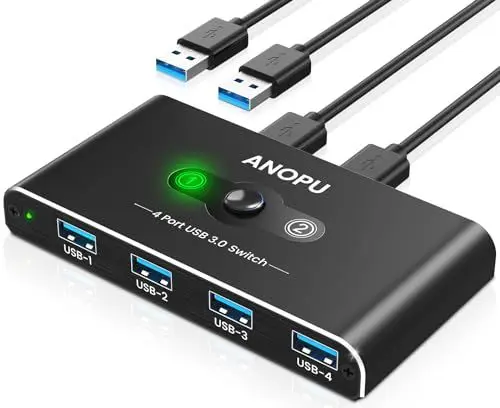 Produktbild: Aluminium USB KVM 3.0 Switch - 2 Eingänge 4 Ausgänge Mit 2 High-Speed Kabeln - Für 4 USB Geräte Wie Maus, Tastatur, Drucker, Festplatte, Stick, Headsets