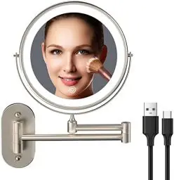 Produktbild: USB Wiederaufladbarer Schminkspiegel mit Licht, Doppelseitiger Schminkspiegel mit 1X/10X Vergrößerung, Badezimmer Schminkspiegel, 3 Farben, Touchscreen, dimmbar, erweiterter Arm