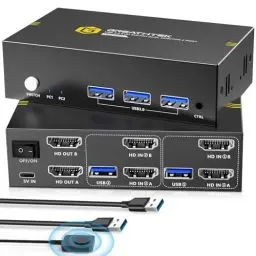 Produktbild: USB3.0 HDMI KVM Switch 2 PC 2 Monitore 4K@60Hz, HDMI 2.0, HDCP2.2, Adaptiver EDID, with Desktop Controller, GREATHTEK 2 PC 2 Monitor Switch mit 3 USB 3.0 Port, Kvm Switch Quick Switching