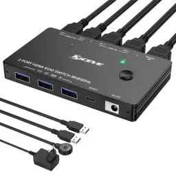 Produktbild: USB3.0 KVM Switch HDMI 2 Ports 4K@120Hz, ESKEVE KVM Switch 2 PC 1 Monitor 8K@60Hz für 2 PCs, die sich 1 Monitor und 3 USB3.0-Geräte teilen. Mit Netzteil + Kabelfernbedienung und 2 USB3.0-Kabeln