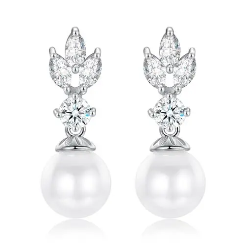 Produktbild: USEEDOVIA Ohrringe Perlen Hochzeitsschmuck Braut Perlenohrringe Ohrstecker Perlen AAA Zirkonia Weiß Vergoldet Perlenschmuck Bride Hochzeit Schmuck Wedding