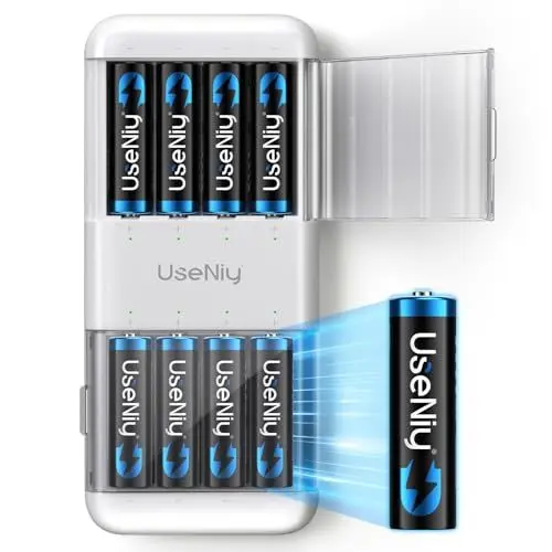 Produktbild: UseNiy Lithium AA Akku mit Ladegerät 8 stück, wiederaufladbare AA Batterien, 3000mWh hohe Kapazität Mignon AA Batterien, 1.5V Lithium AA Batterien und Akku Ladegerät mit Ladung-Aufbewahrung Funktion