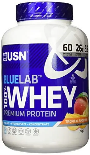 Produktbild: USN Blue Lab Whey Protein, Premium Molkenproteinpulver, wissenschaftlich entwickeltes Post-Workout Muskelaufbau Protein Pulver mit BCAAs, Tropischer Fruchtsmoothie, 2 kg