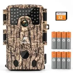 Produktbild: usogood 4K Wildtierkamera mit Bewegungsmelder Nachtsicht,120° Erfassungswinkel Wildkamera mit 32GB Karte & 8 Batterien – Outdoor & Sicherheit(Energieklasse A+++)