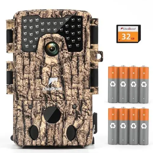 Produktbild: usogood 4K Wildtierkamera mit Bewegungsmelder Nachtsicht,120° Erfassungswinkel Wildkamera mit 32GB Karte & 8 Batterien – Outdoor & Sicherheit(Energieklasse A+++)