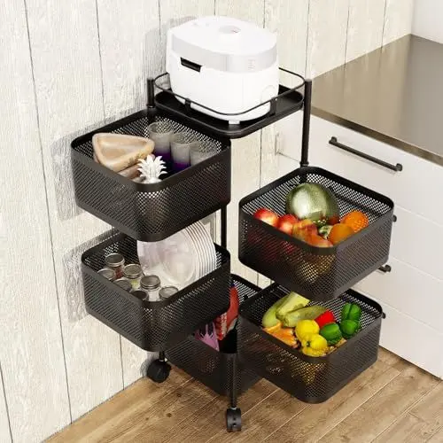 Produktbild: Utaxuper Rollwagen 5 Ebenen Küchenwagen mit Rollen Mehrschichtiges Drehbar Nischenregal Küchenwagen Mobil Obst und Gemüse für Wohnzimmer Küche Badezimmer Schwarz