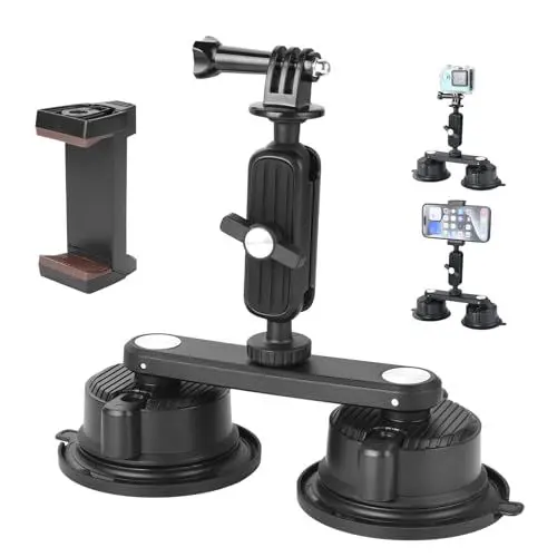 Produktbild: UTEBIT Dual Kamera Saugnapfhalterung, Magnet Saugnapfhalterung Actioncam mit Kugelkopf Zauberarm Saugnapf Autohalterung für GoPro Auto Kamerahalterung maximale Belastung von 3kg