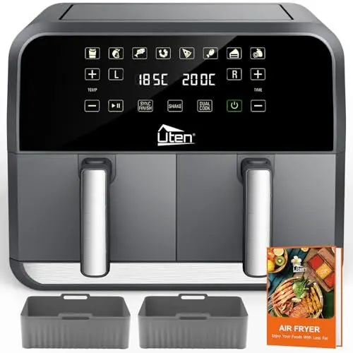 Produktbild: Uten Heißluftfritteuse 2 Kammern, 8L Heißluftfritteuse Dual Zone, XXL Heißluftfritteuse Doppelkammer, Silikonpads, 114 Rezepte, Digitalanzeige mit SYNC FINISH, Shake-Erinnerung, Spülmaschinenfest