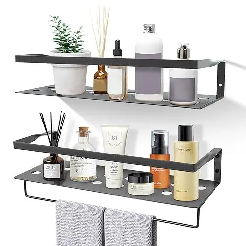 Produktbild: Uten Wandregal Metall, Bad Regal Kücheregal 2er Set, Metallregal Wand 41cm mit Handtuchhalter, für Wohnzimmer, Küche, Badezimmer,Arbeitszimmer, Grau