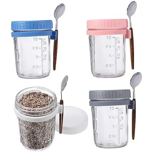 Produktbild: UTHCLO 4stücke Vorratsgläser Mit Deckel Und Löffel Teiliges Glasbehälter Pastellfarben Für Overnight Oats Joghurt Und Snacks Luftdicht Und Vielseitig Einsetzbar