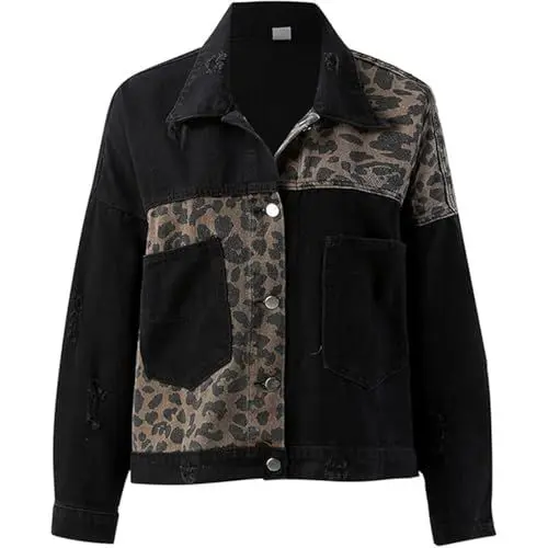 Produktbild: UTNCCCZU Stilvolle Damen Jeansjacke mit Leopardenmuster-Patchwork-Design und Langen Ärmeln für Einen Trendigen Look(Black,3XL)