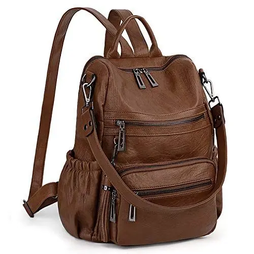Produktbild: UTO Damen Rucksack Leder Schule Handtasche Schulrucksack Rucksackhandtaschen Multifunktionsrucksack mit Quasten Schultertaschen Große Kapazität vielen Kompartiment Reißverschluss Umhängetasche Braun
