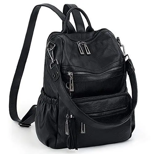 Produktbild: UTO Damen Rucksack Leder Schule Handtasche Schulrucksack Rucksackhandtaschen Multifunktionsrucksack mit Quasten Schultertaschen Große Kapazität vielen Kompartiment Reißverschluss Umhängetasche Schwarz
