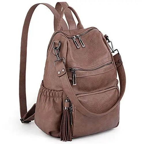 Produktbild: UTO Damen Rucksack PU Washed Leder Modischer Multifunktionsrucksack mit Quastendesign Lässige Schultertaschen vielen Kompartiment Reißverschluss Umhängetasche Rucksack Schule Schulrucksack Khaki