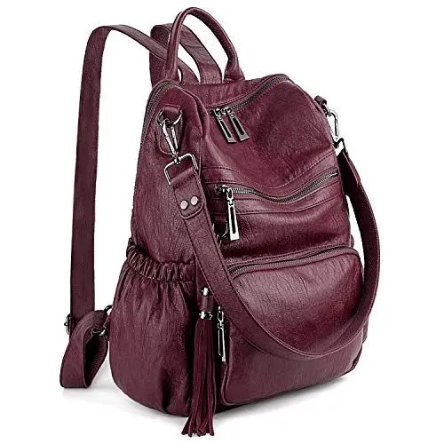 Produktbild: UTO Damen Rucksack PU Washed Leder Modischer Multifunktionsrucksack mit Quastendesign Lässige Schultertaschen vielen Kompartiment Reißverschluss Umhängetasche Schule Schulrucksack Burgunderrot