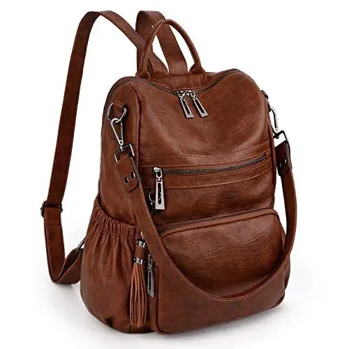 Produktbild: UTO Damen Rucksack PU Washed Leder Modischer Multifunktionsrucksack mit Quastendesign Lässige Schultertaschen Frauen Tasche mehres Kompartiment Schule Schulrucksack Damen-Rucksackhandtaschen