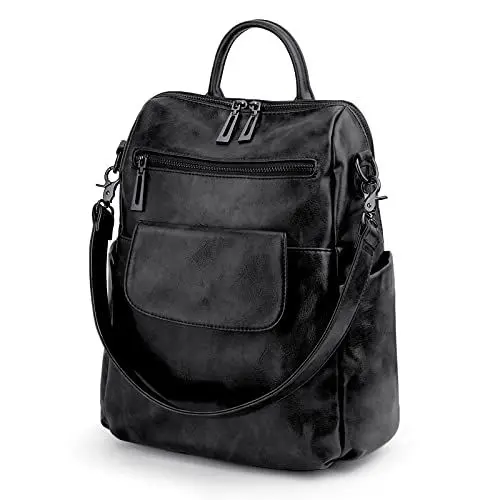 Produktbild: UTO Rucksack Damen Elegant mit Schultergurt Modischer Multifunktionsrucksack Schultertasche Herren Leder Backpack Kompartiment Reißverschluss Umhängetasche Schule Schulrucksack Handtasche Schwarz Neu