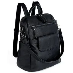 Produktbild: UTO Rucksack Damen Elegant mit Schultergurt Modischer Multifunktionsrucksack Schultertasche Herren PU Leder Backpack Kompartiment Reißverschluss Umhängetasche Schule Schulrucksack Handtasche Schwarz