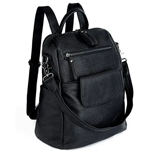 Produktbild: UTO Rucksack Damen Elegant mit Schultergurt Modischer Multifunktionsrucksack Schultertasche Herren PU Leder Backpack Kompartiment Reißverschluss Umhängetasche Schule Schulrucksack Handtasche Schwarz