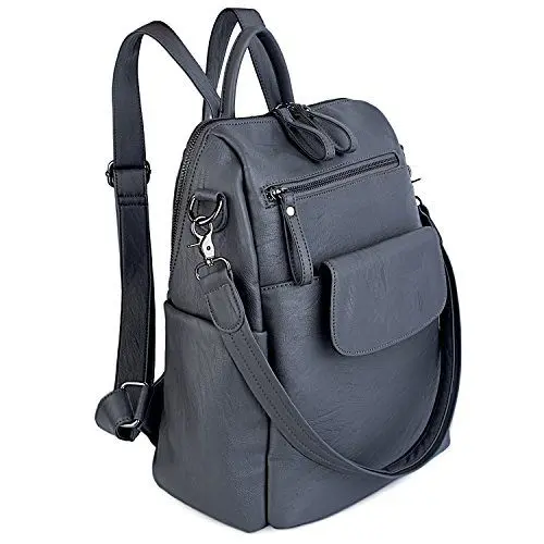 Produktbild: UTO Rucksack Damen Elegant mit Schultergurt Modischer Multifunktionsrucksack Schultertasche Herren PU Leder Backpack Kompartiment Reißverschluss Umhängetasche Schule Schulrucksack Handtasche Grau