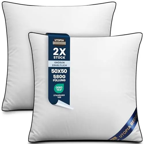 Produktbild: Utopia Bedding 2er Set Kissen 50x50 cm, Kissenfüllung für Bett und als Dekokissen, Sofakissen, Zierkissen für Couch (Weiß)