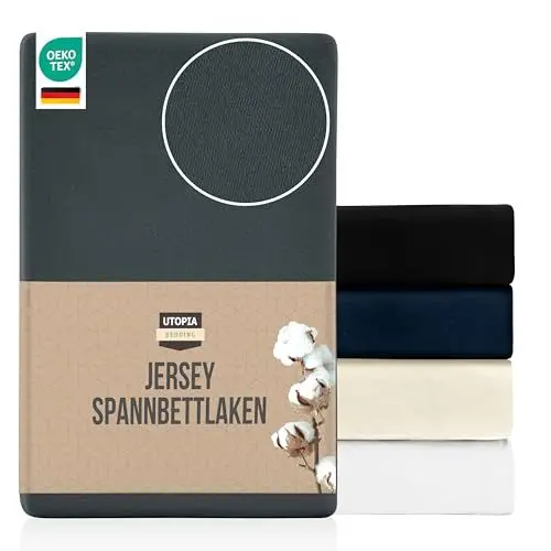 Produktbild: Utopia Bedding Jersey Spannbettlaken, Anthrazit, 160 x 200 cm – 25 cm, Bettlaken Baumwollmischung, Zuschnitte für Dicke Matratzen