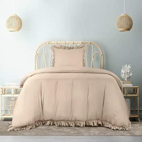 Produktbild: Utopia Bedding Rüsche Bettwäsche 135x200 Set - Mikrofaser Bettbezug 135x200 cm + 1 Kissenbezug 80x80 cm- Beige