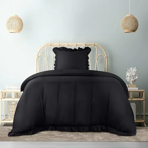 Produktbild: Utopia Bedding Rüsche Bettwäsche 135x200 Set - Mikrofaser Bettbezug 135x200 cm + 1 Kissenbezug 80x80 cm - Schwarz