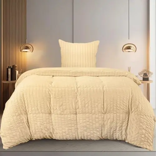 Produktbild: Utopia Bedding Seersucker Bettwäsche 135x200 Set - Mikrofaser Polyester Bettbezug 135x200 cm + 1 Kissenbezug 80x80 cm- Beige