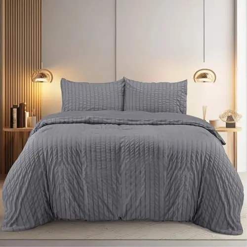 Produktbild: Utopia Bedding Seersucker Bettwäsche 200x200 Set - Mikrofaser Polyester Bettbezug 200x200 cm + 2 Kissenbezüge 50x75 cm - Grau