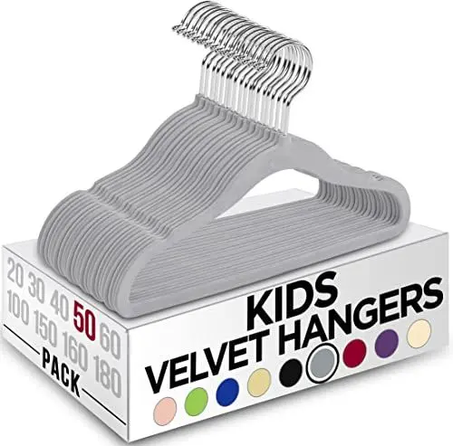 Produktbild: Utopia Home Kinder-Kleiderbügel aus Samt (50 Stück) – 27,9 cm (11 Zoll) robuster Baby-Kleiderbügel – rutschfest für den täglichen Gebrauch (Grau)