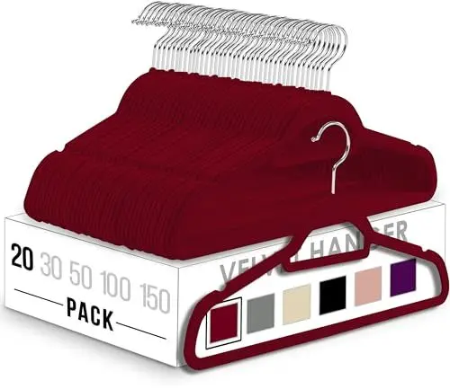 Produktbild: Utopia Home - Antirutsch-Kleiderbügel aus Samt - rutschfeste und strapazierfähige Kleiderbügel aus Samt mit Krawattenhalter - Stark genug, Jacken und Pullover zu halten (Burgund, 20er-Pack)