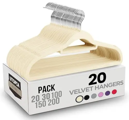 Produktbild: Utopia Home - Antirutsch-Kleiderbügel aus Samt - rutschfeste und strapazierfähige Kleiderbügel aus Samt mit Krawattenhalter - Stark genug, Jacken und Pullover zu halten (Elfenbein, 20er-Pack)