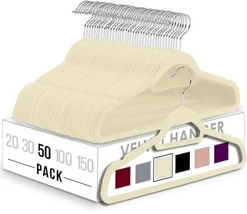 Produktbild: Utopia Home - Antirutsch-Kleiderbügel aus Samt - rutschfeste und strapazierfähige Kleiderbügel aus Samt mit Krawattenhalter - Stark genug, Jacken und Pullover zu halten (Elfenbein, 50er-Pack)