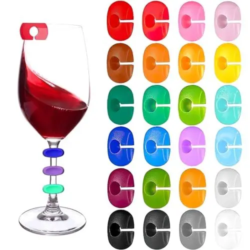 Produktbild: UTXN 24 Stück Weinglasanhänger, Glasanhänger, Glasmarker für Getränke, Silikon-Glasmarker, farbige Weinglasmarker für Champagner, Feier, Party