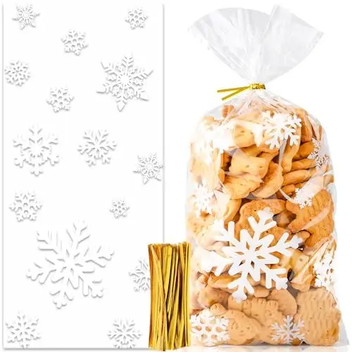 Produktbild: Uuams Plätzchentüten, 100 Stück Kekstüten Weihnachten, Schneeflocke Geschenktüten Weihnachten, Süßigkeiten Weihnachten, Weihnachtstüten zum Befüllen, Cellophantüten mit Twist Krawatten Weiß,klar,gold